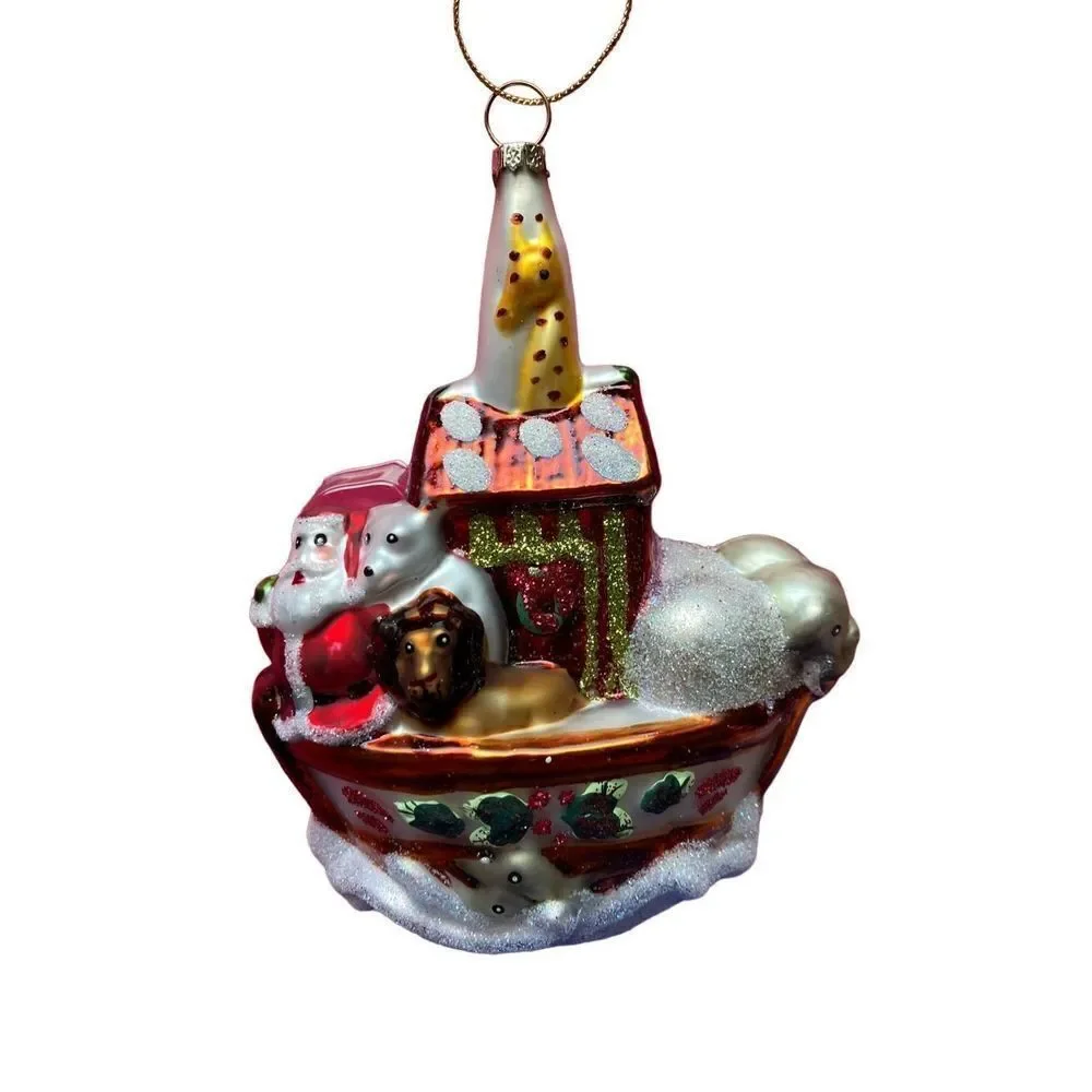 Christmas ornament Noah’s Ark glass 5 inch hand-painted holiday decor, Santa new